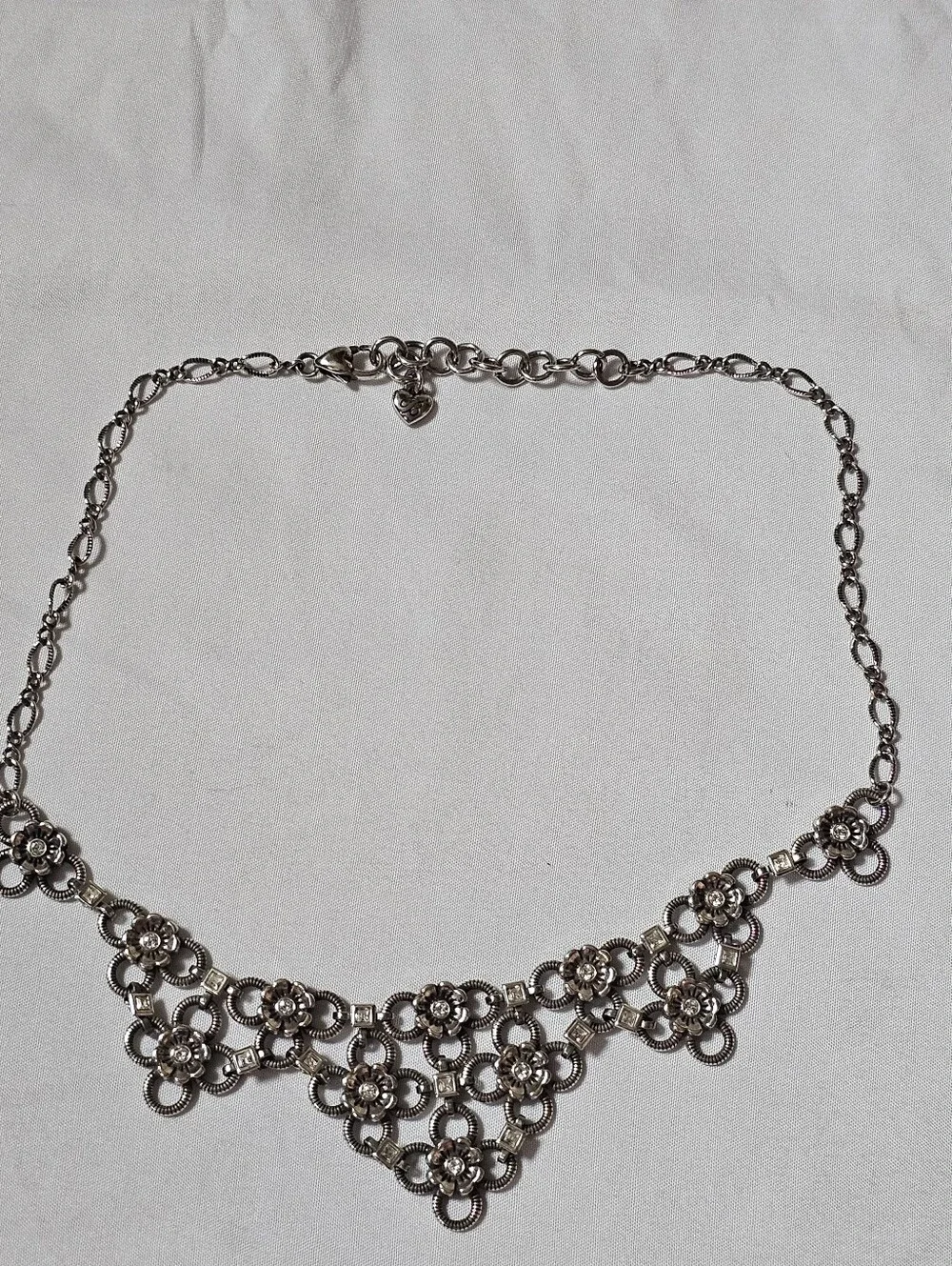Brighton Joan of Arc Flower Crystal Bib Statement Necklace Silver Tone